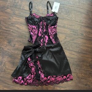 Outcast Hadleigh Mini Dress Black and Pink Lace Chemise with Satin Bow